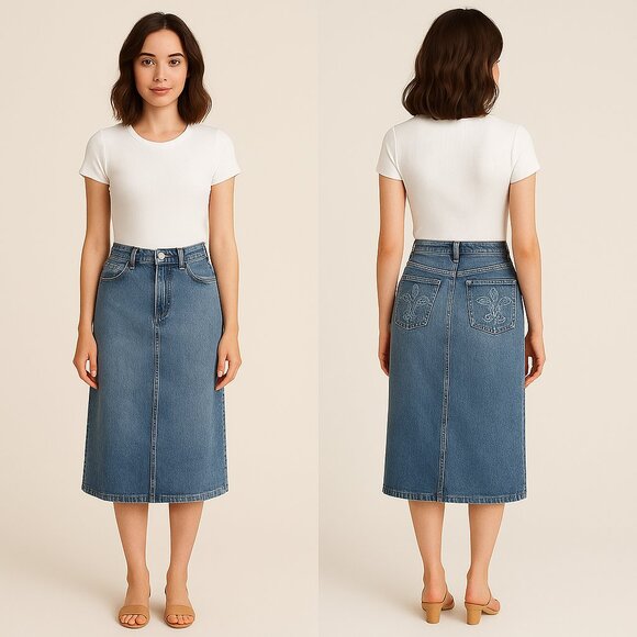 VTG Vintage Christopher & Banks Denim Midi Jean Skirt Embroidered Pockets Sz 4P - Picture 1 of 11